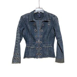 Y2K Cropped Denim Biker Jacket L Fitted Distressed Baddie Going Out Statement